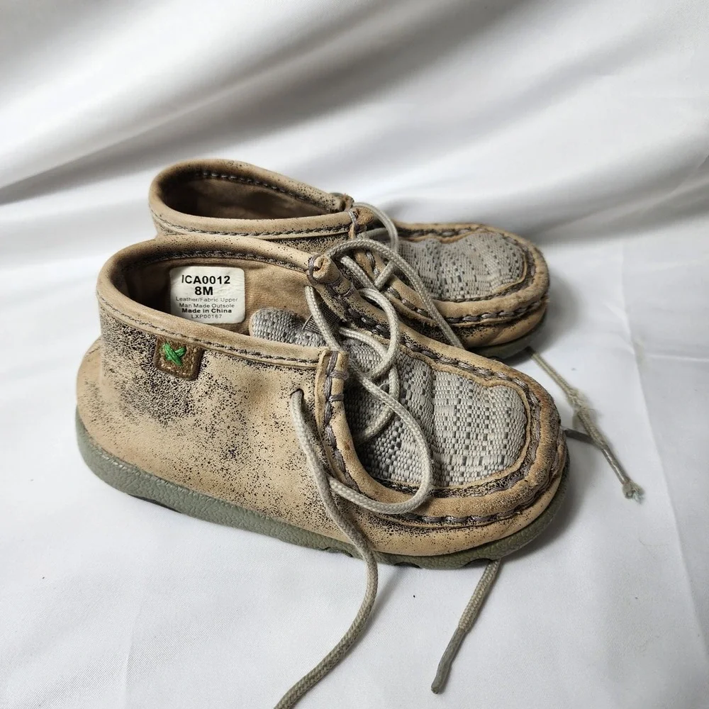 Twisted X‎ Infant Driving Mocs Tan Leather Woven Fabric Shoes ICA0012 Size 8M